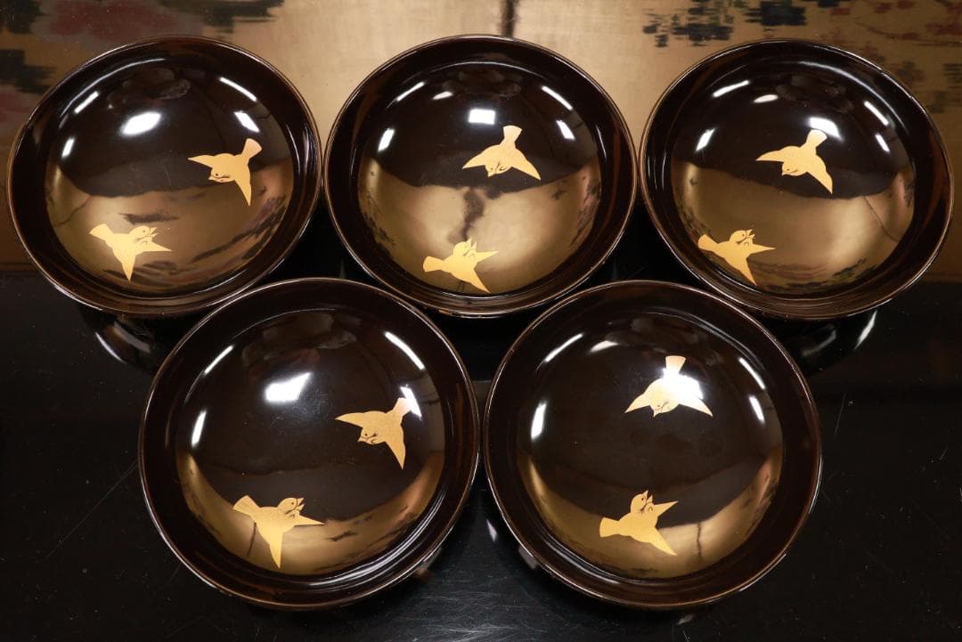 BJ119　時代輪島塗　図替わり　草花蒔絵　吸物椀　五客　木製 懐石 菓子