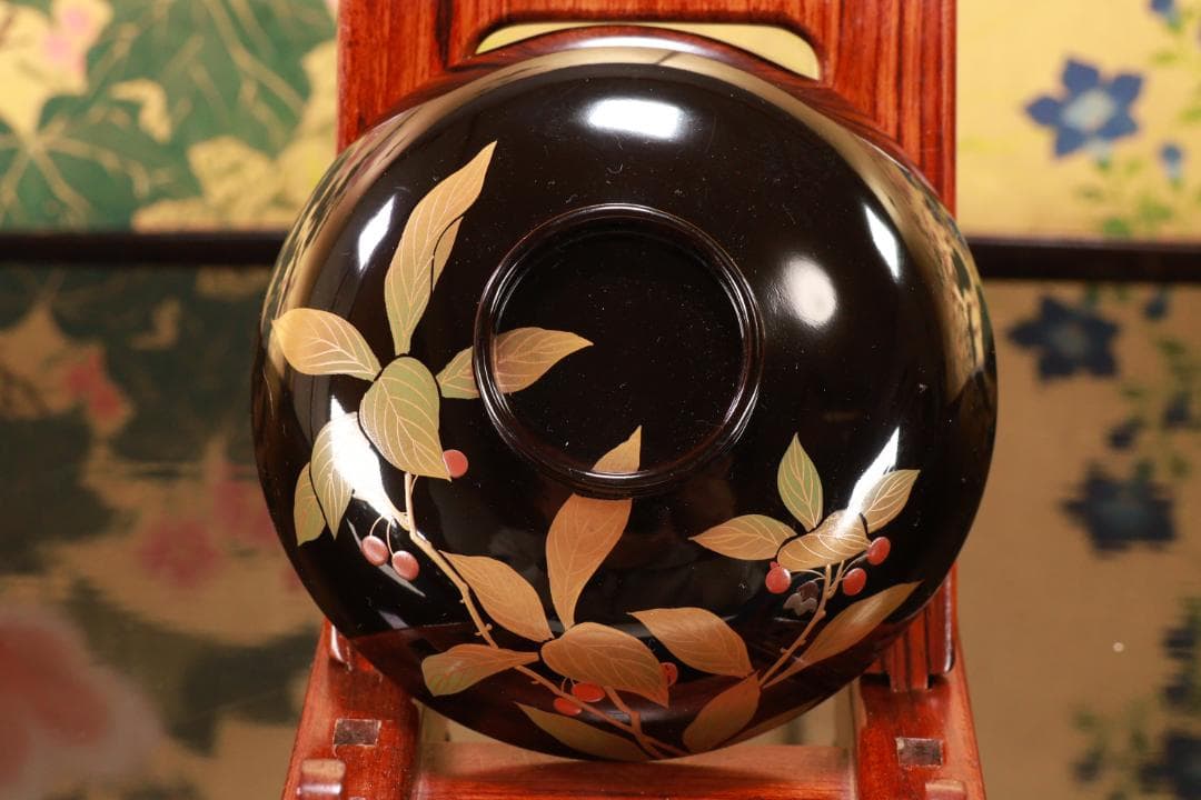 BJ119　時代輪島塗　図替わり　草花蒔絵　吸物椀　五客　木製 懐石 菓子