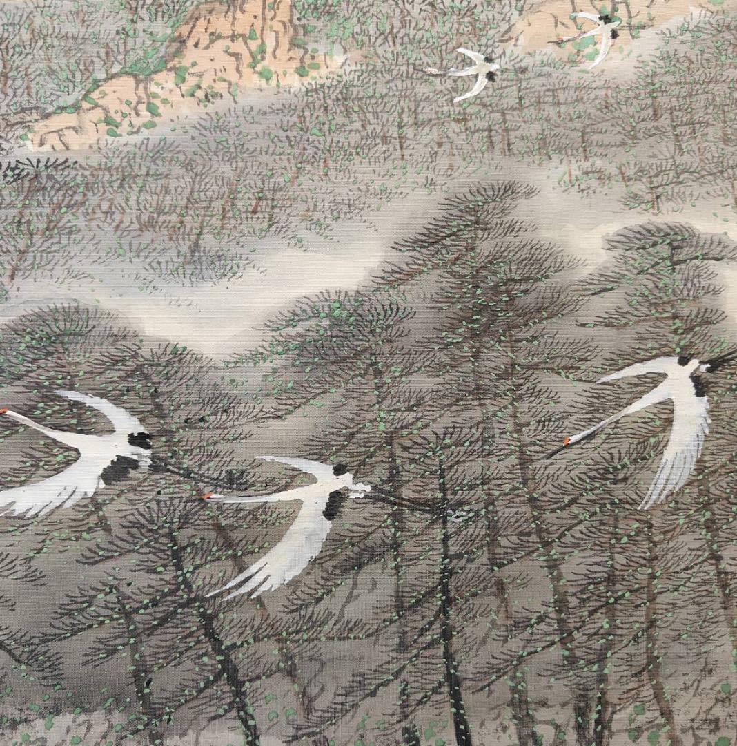 真作/小川鴻城/蓬莱山図/山水/鶴/桐共箱付/布袋屋掛軸A-630