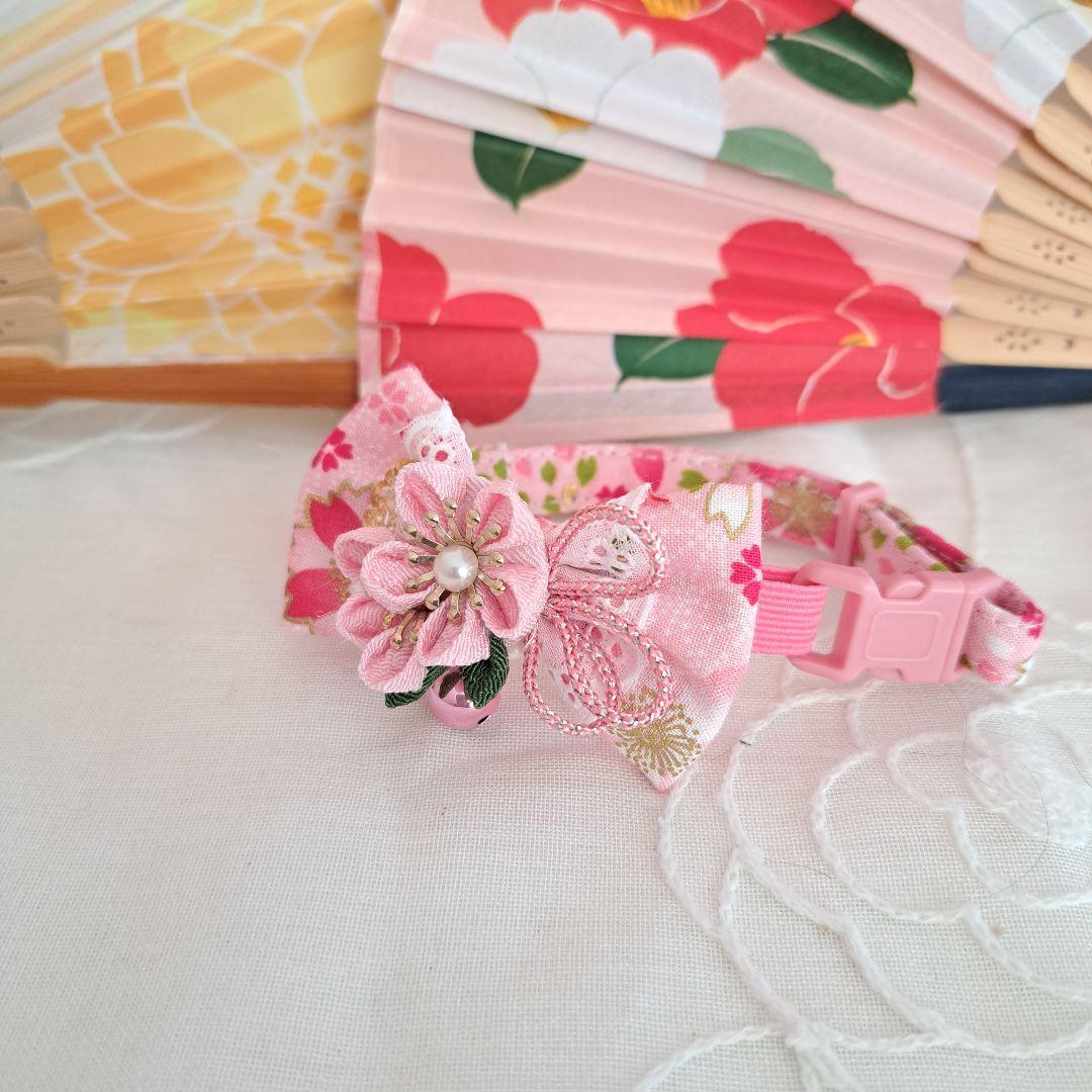 つまみ細工シングルリボン(ピンク)わんちゃん猫ちゃん用首輪