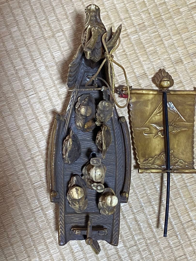 ♦セルロイド製 細密 龍に七福神宝船縁起物 置物飾り 富士山 鶴に亀 骨董品