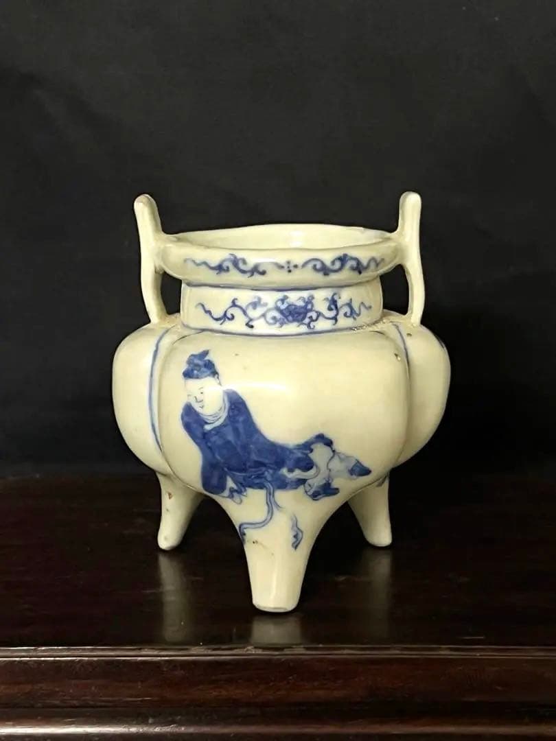 古美術　染付人物香炉　XG44-4