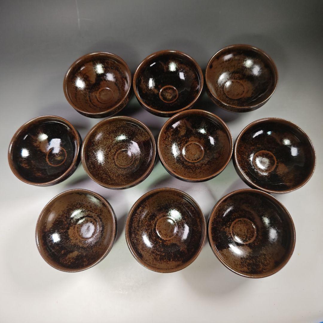 ウ288 数茶碗『淡海ぜぜ　膳所焼　陽炎園造　天目数茶碗　10客 共箱』抹茶碗