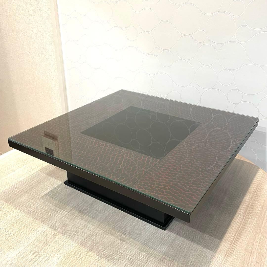 飾り台 漆塗り風 ローテーブル フクロウ装飾 座卓 ガラストップ 和モダン