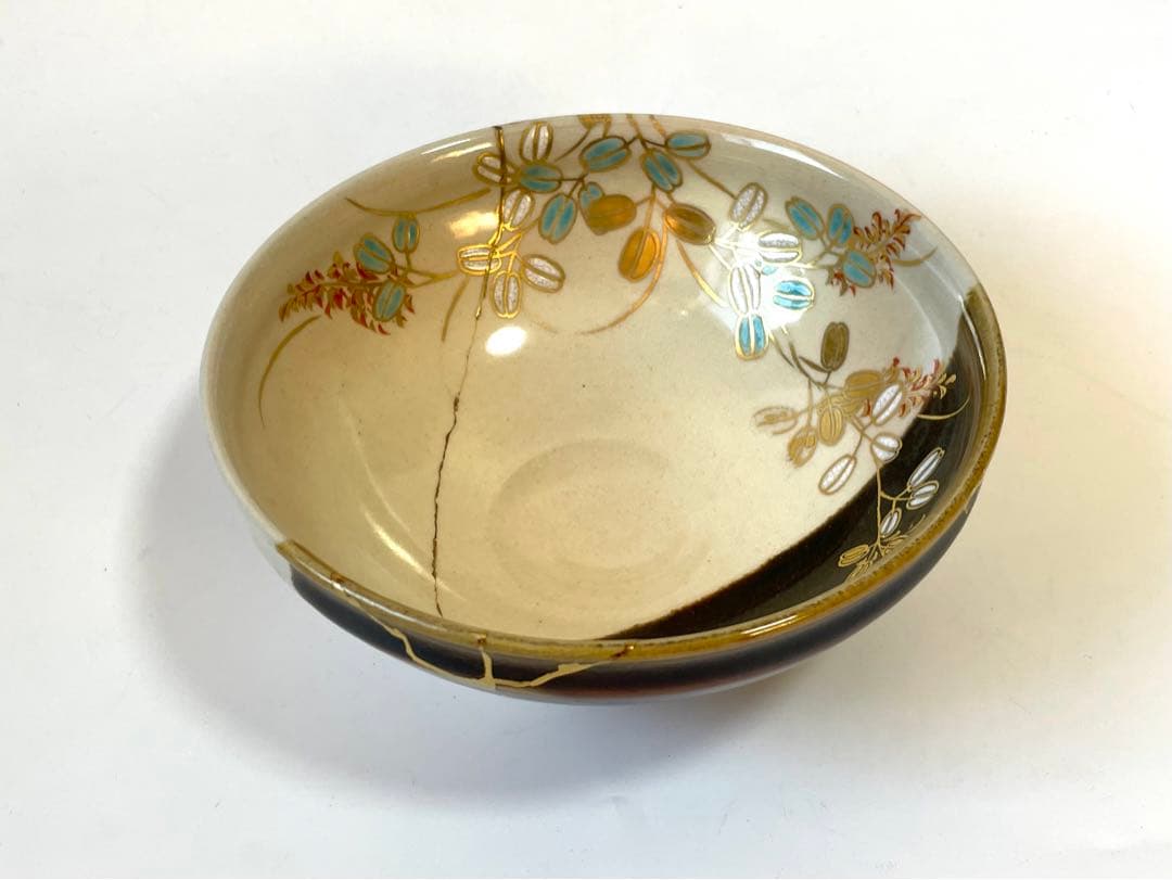 陶芸家　宮川香雲　掛分　色絵　萩文様　平茶碗　竜谷