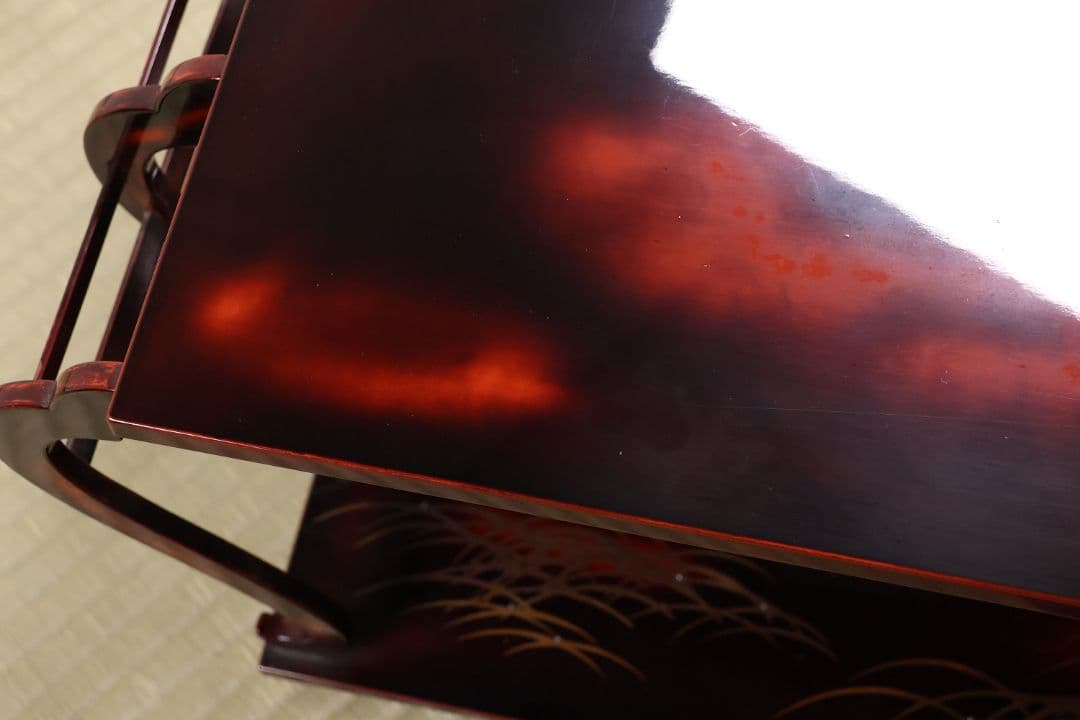 時代 漆芸 鶴図 金銀蒔絵 曙塗 八足 二段卓 木製 花台 銀露【MA661】