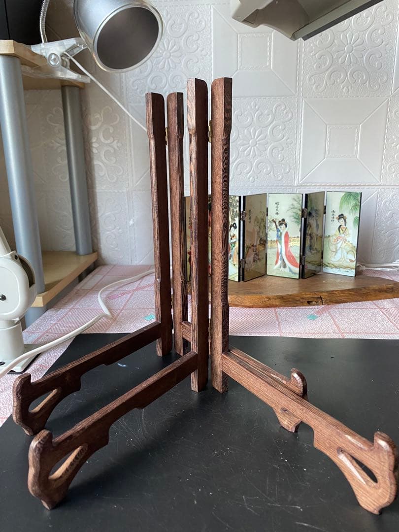 特大　プレートスタンド 皿立て 4点セット 鶏翅木 飾皿 木製