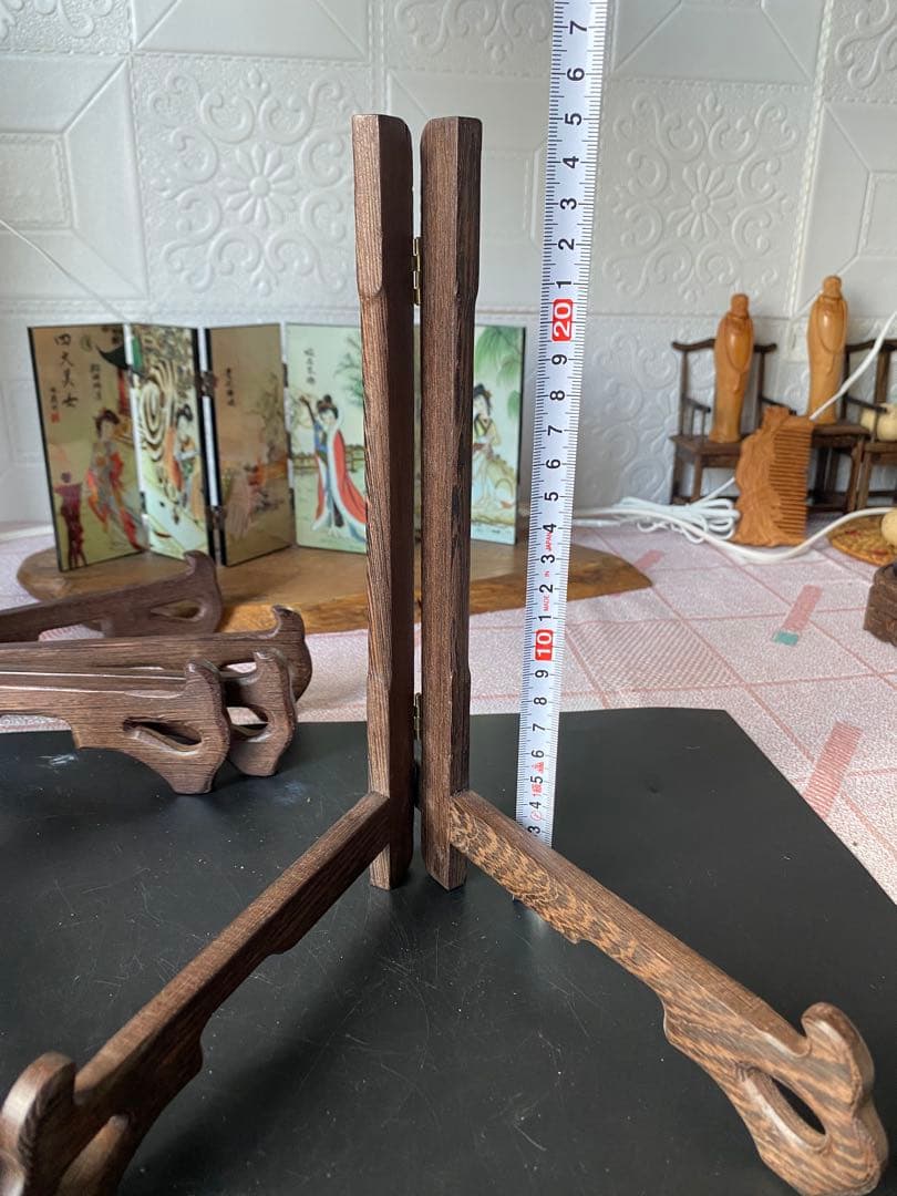 特大　プレートスタンド 皿立て 4点セット 鶏翅木 飾皿 木製