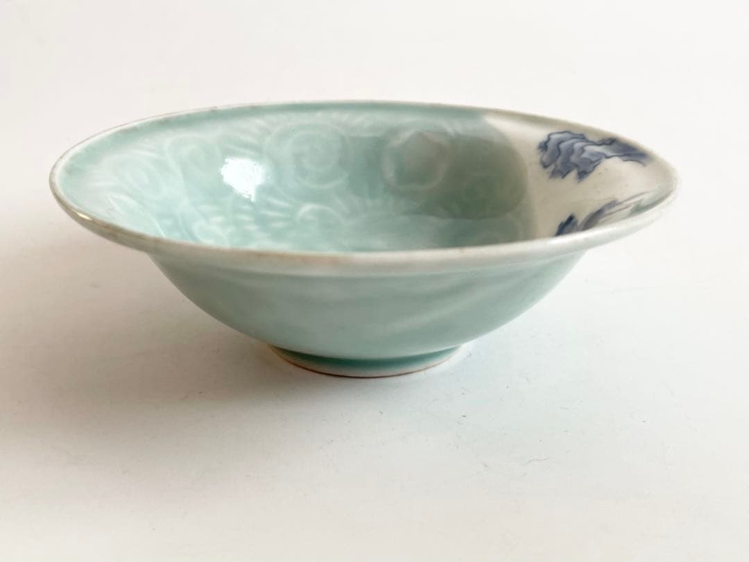 骨董　アンティーク　古伊万里　染付　青磁染付 旅人図　杜子美騎驢文　小皿　深皿