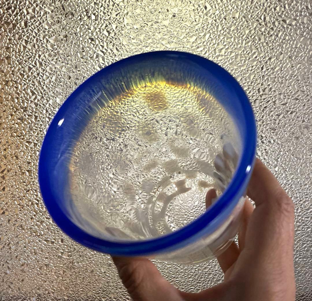 骨董　レトロ　希少　青フチ　乳白色　市松紋　ゴブレット　タンブラー パフェグラス