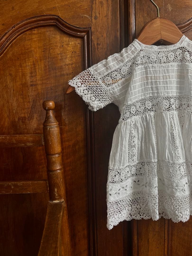 ◆フランスアンティーク｜セレモニーベビードレスA洗礼式白レーステディベアドール