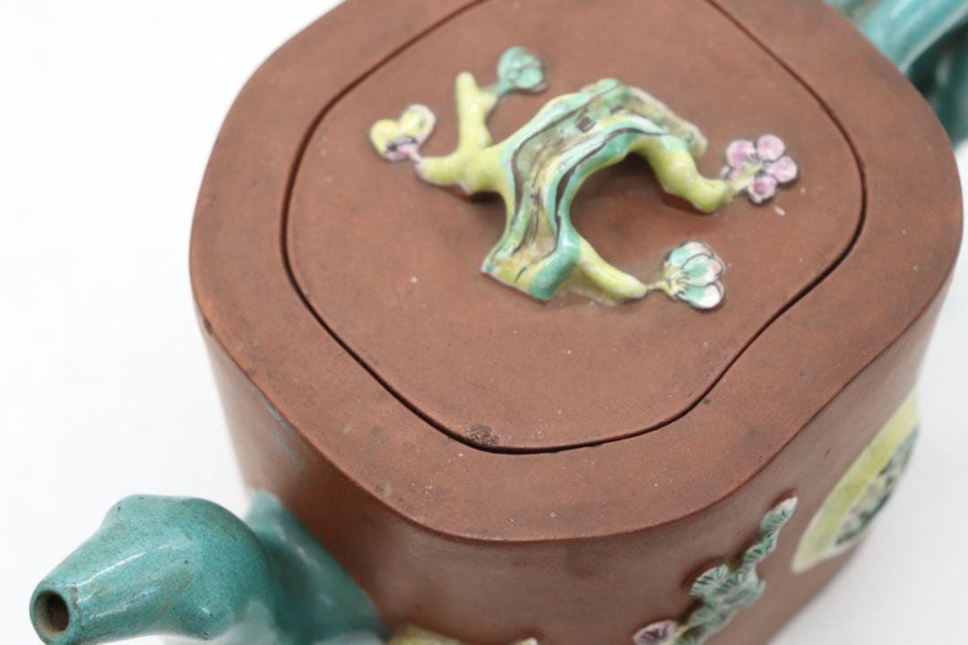 中国　清時代　蜀山名壺　紫砂加彩急須　松竹梅　　送料込み250626