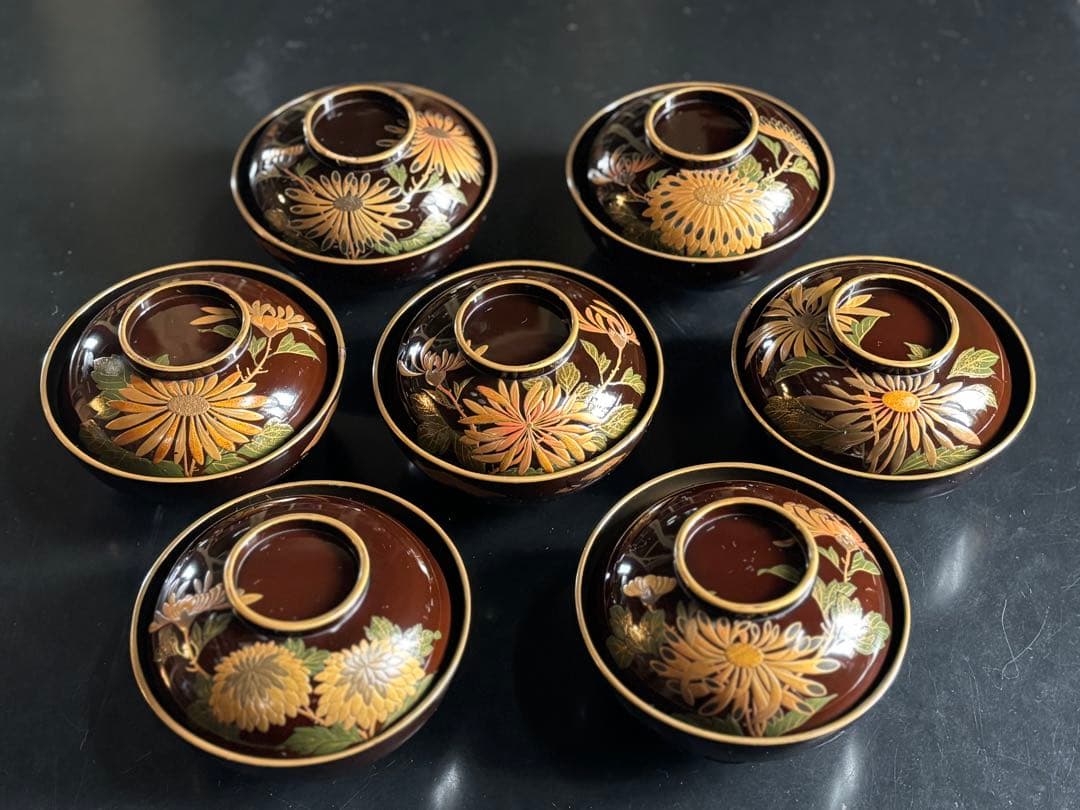 漆器椀　時代物　 京塗り7客セット 金色の菊花7種類の模様