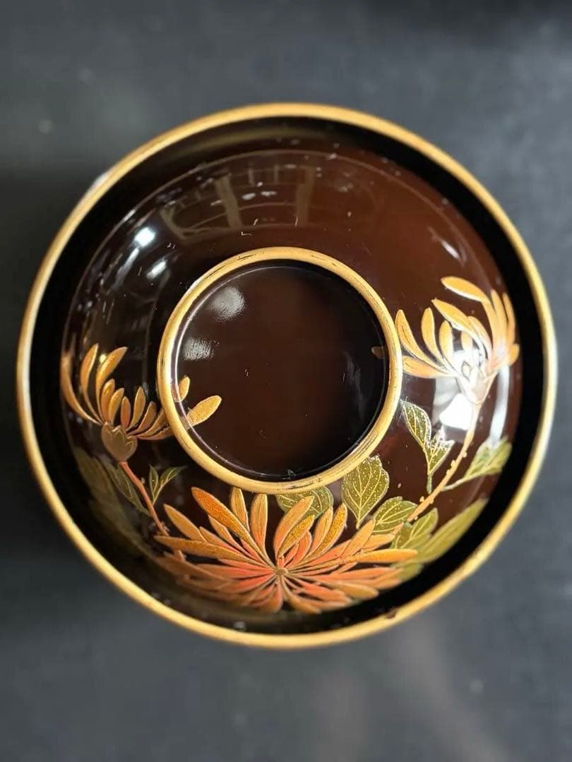 漆器椀　時代物　 京塗り7客セット 金色の菊花7種類の模様