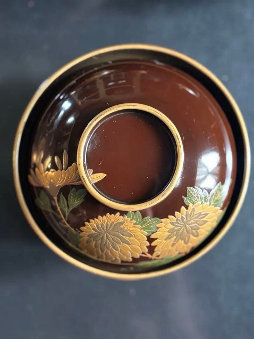 漆器椀　時代物　 京塗り7客セット 金色の菊花7種類の模様