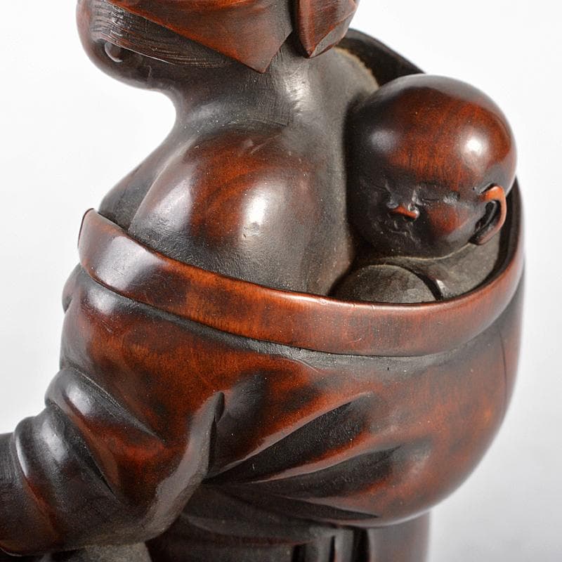 中国　唐木紫壇彫刻　母子像　置物　在銘　V　R5162