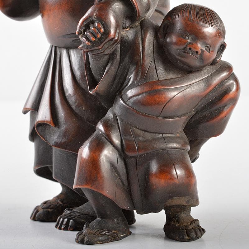 中国　唐木紫壇彫刻　母子像　置物　在銘　V　R5162