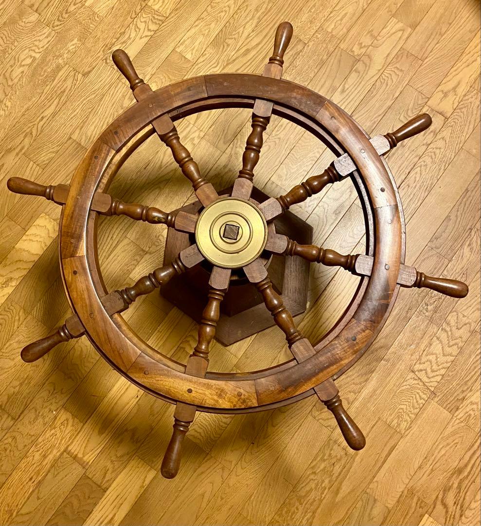 ヴィンテージ大型木製舵輪 直径91cm 台付き 可動式 船舶舵 マリンインテリア