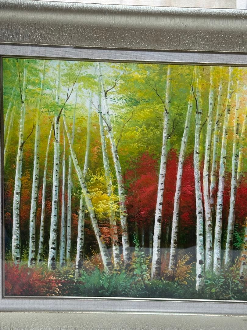 お勧め　油彩　肉筆　秋の森林白樺風景画　大型横長額縁　紅葉　インテリア　ア-ト