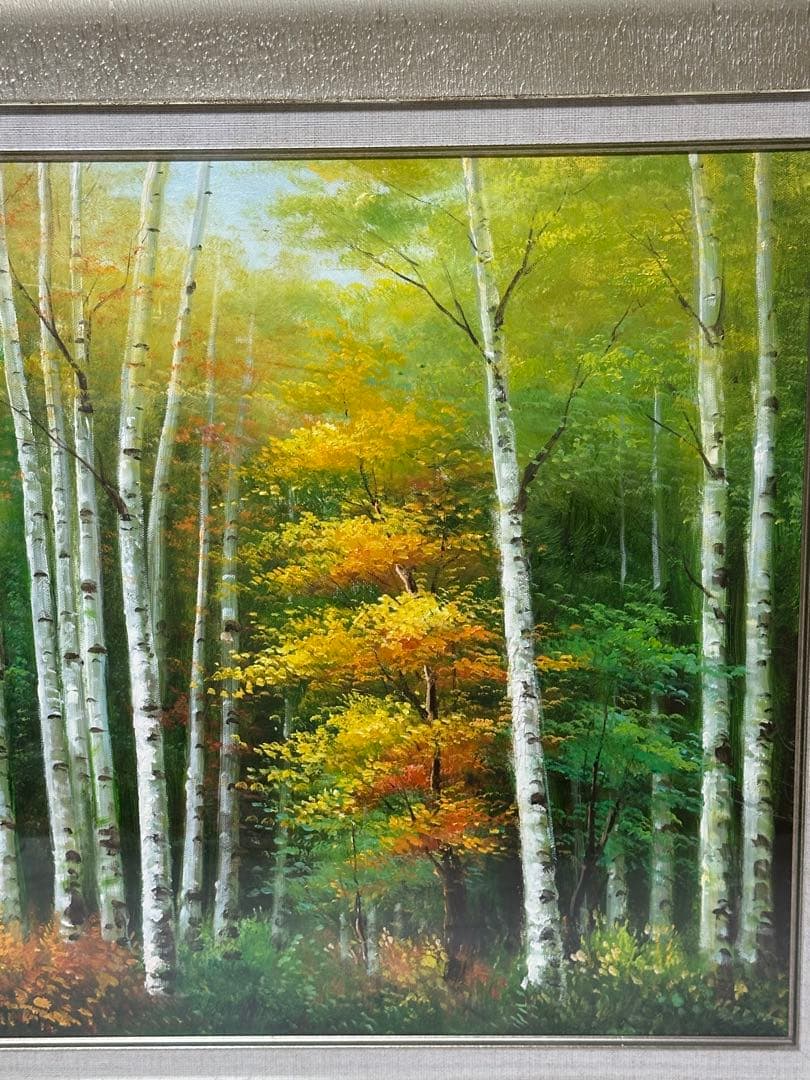 お勧め　油彩　肉筆　秋の森林白樺風景画　大型横長額縁　紅葉　インテリア　ア-ト