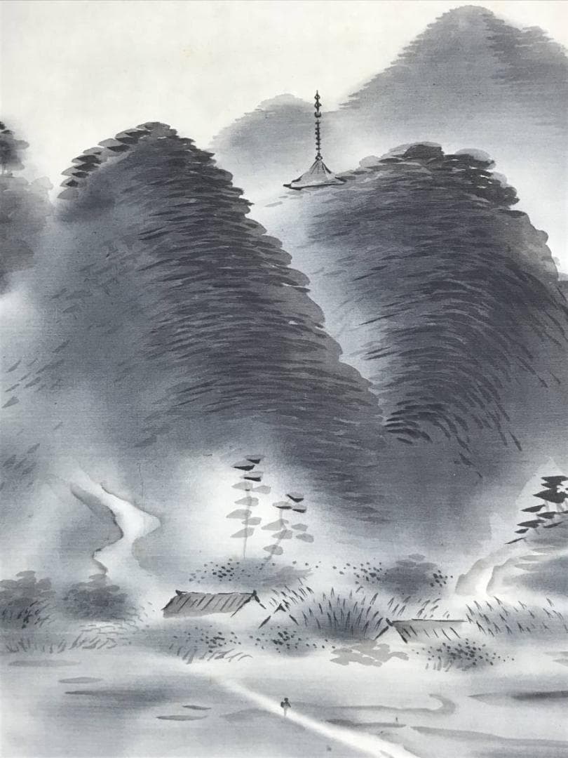 【真作】健/山里の図/山水図/横物/掛軸/名家伝来/AC-428