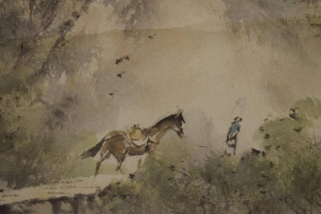 真作/佐藤古岫/山渓晴秀図/山水馬人物図/桐共箱付/布袋屋掛軸HI-674