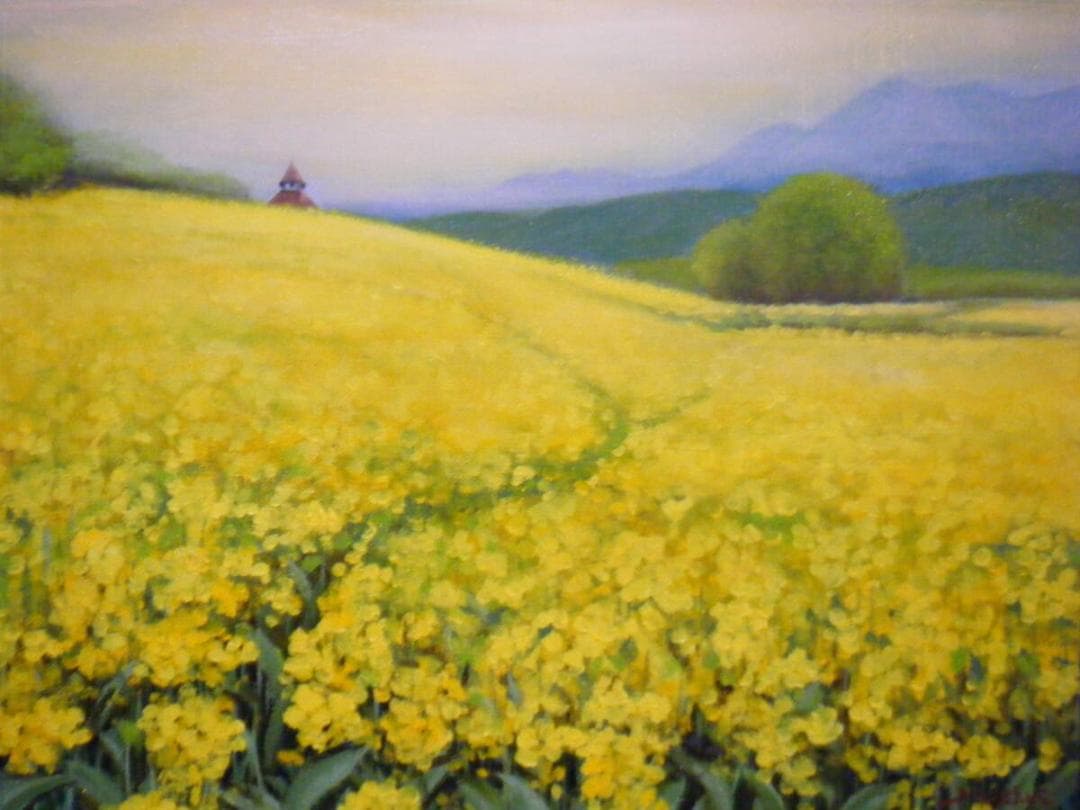 【真作】絵画　熊倉雄二　油彩6号　鐘のある丘　心が安らぐ春の風景　T72