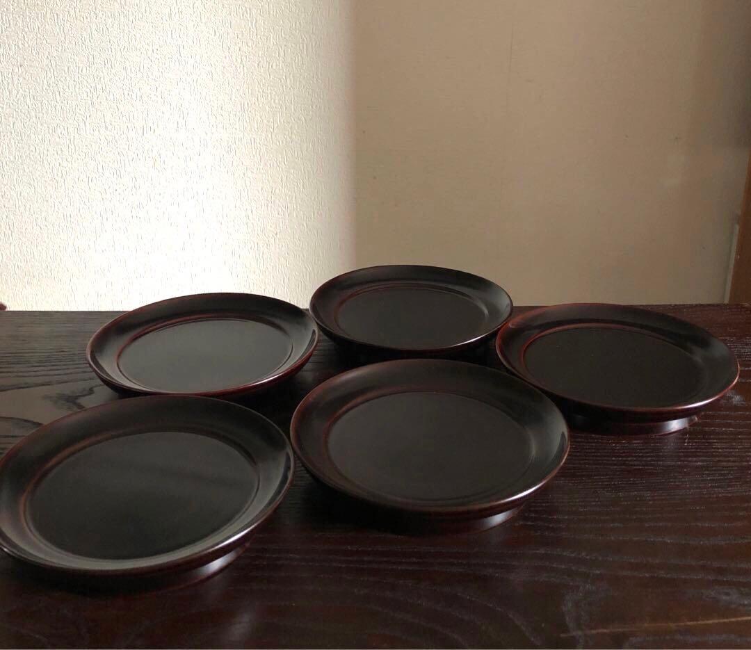 国産 浄法寺塗 木製 漆器 椿皿 楪子 銘々皿 溜塗 懐石 茶道具 5枚揃
