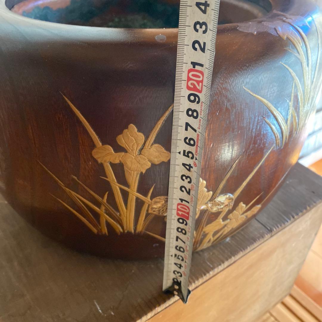 骨董　火鉢　アンティーク　あやめ蒔絵火鉢　花菖蒲　螺鈿細工　花柄　金彩　木製