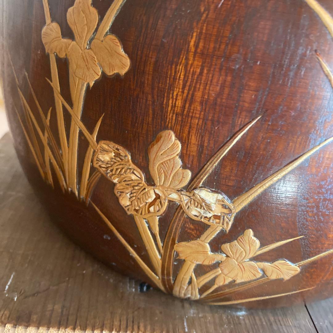 骨董　火鉢　アンティーク　あやめ蒔絵火鉢　花菖蒲　螺鈿細工　花柄　金彩　木製