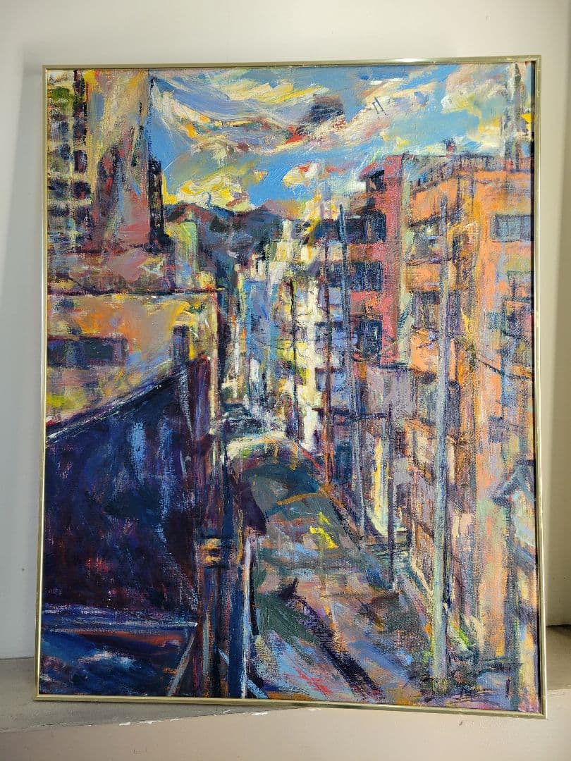 No.9 都市風景 油彩画 大きめ 金色フレーム付き