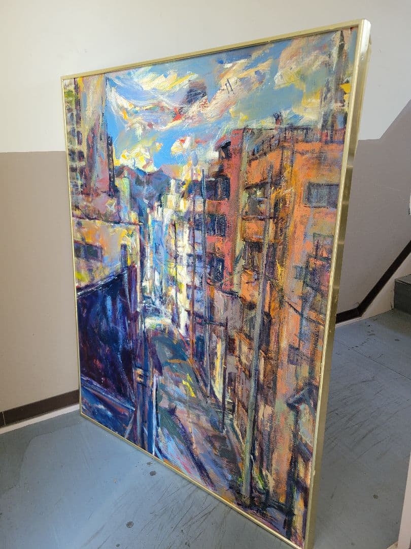 No.9 都市風景 油彩画 大きめ 金色フレーム付き