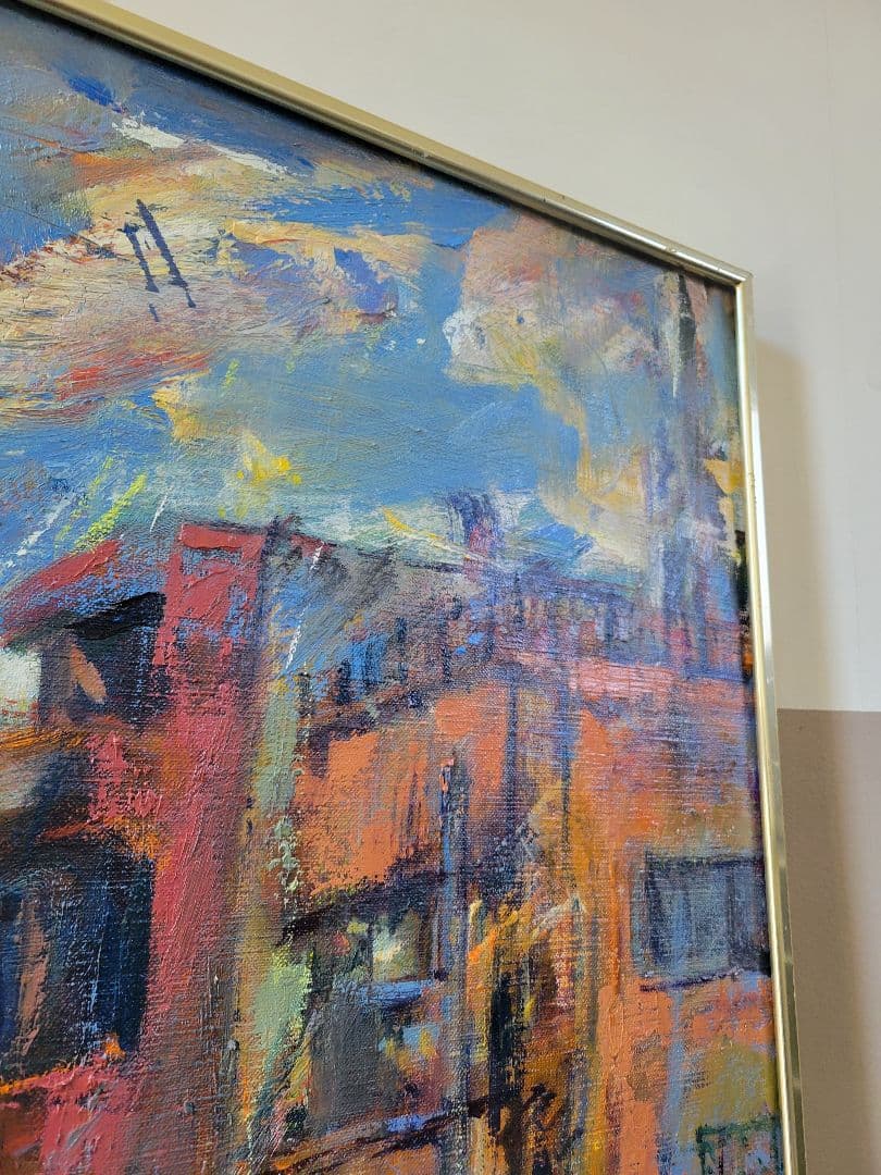 No.9 都市風景 油彩画 大きめ 金色フレーム付き