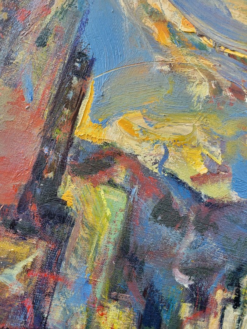 No.9 都市風景 油彩画 大きめ 金色フレーム付き