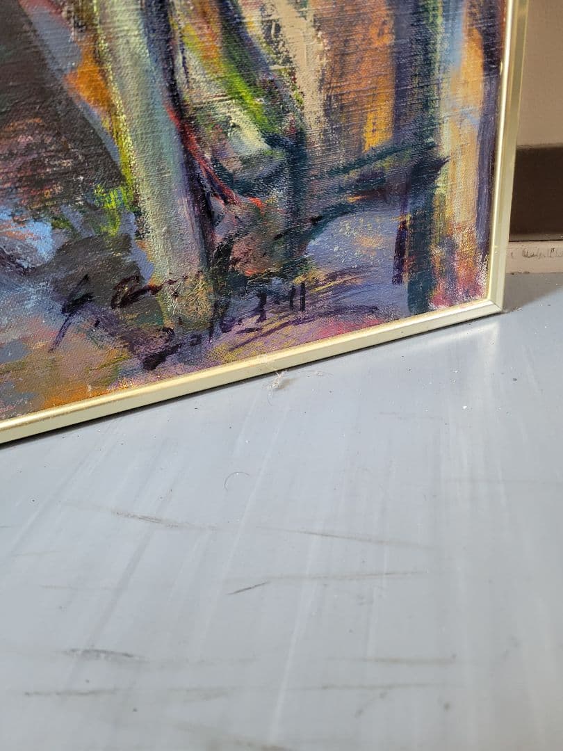 No.9 都市風景 油彩画 大きめ 金色フレーム付き