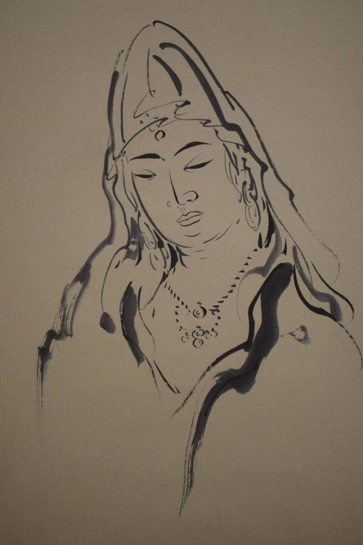 真作/萩原稲栄/白衣観音図/桐共箱付/布袋屋掛軸HI-629