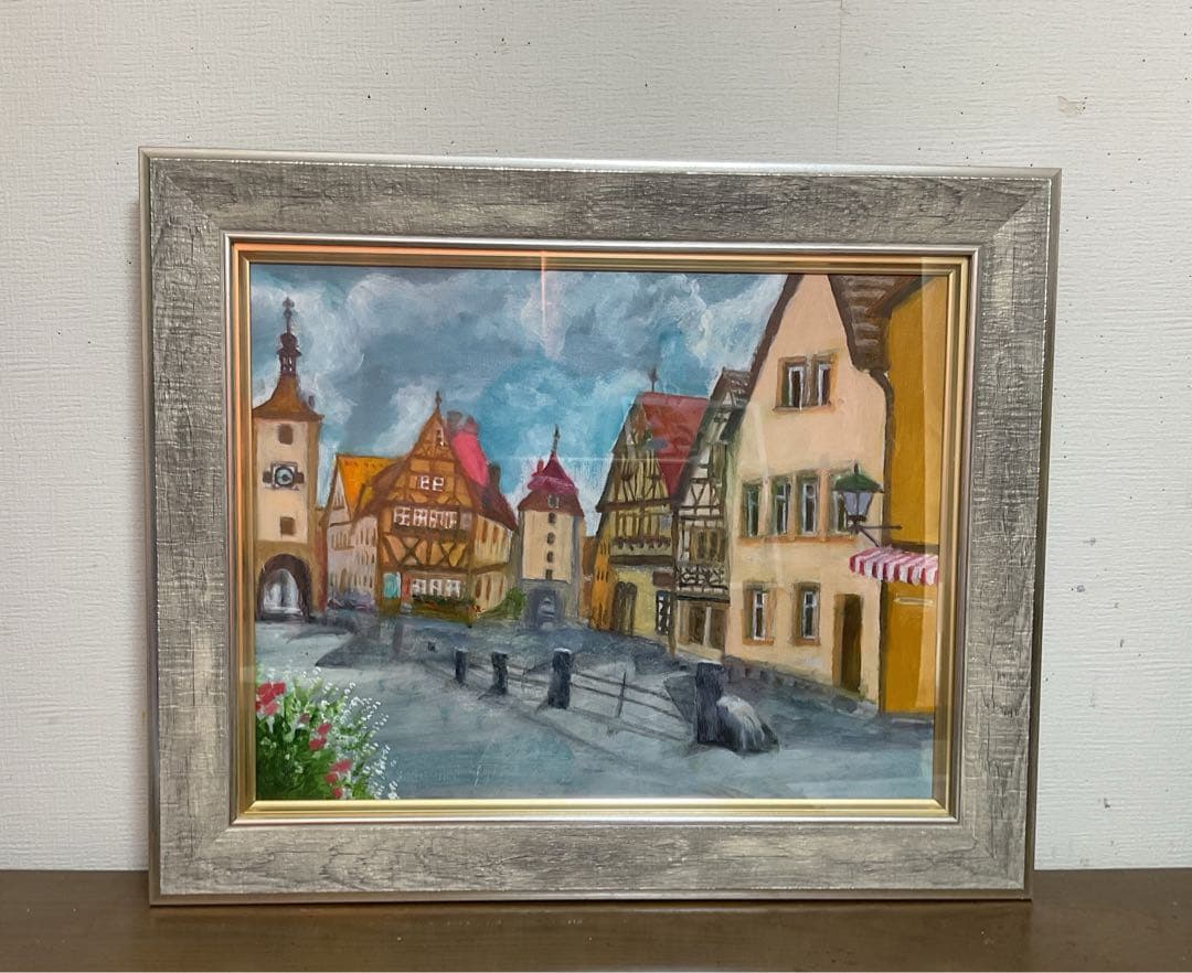 油彩画　「中世の街並み」　原画　額付　F6