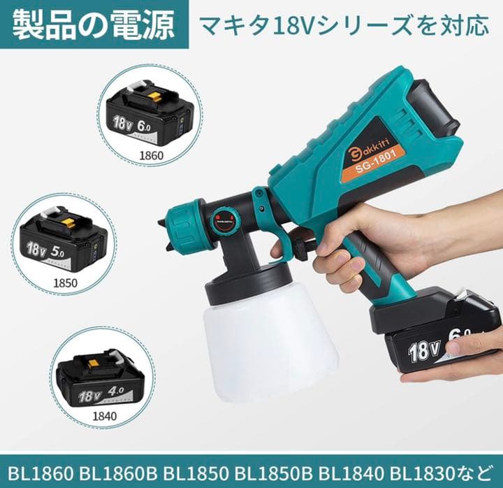 電動式 スプレーガン コードレス マキタ18Vバッテリーを対応 油性水性塗料