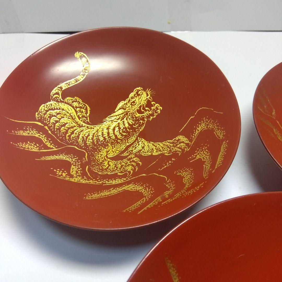 輪島塗　漆器三ッ組盃　沈金　虎の図　在銘　松竹梅　天然木　当日物　美品