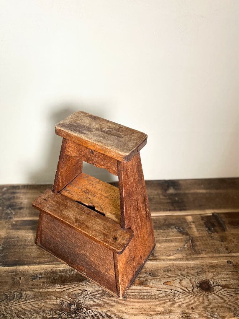 昭和 無垢材 踏み台 収納付き 大工道具 古家具 木製 スツール 作業台