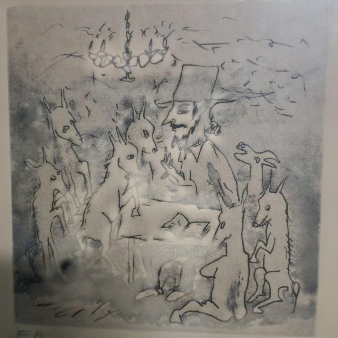 5677）此木三男（このきみつお） エッチング「耳立てて師の話聞きたまえ」EA