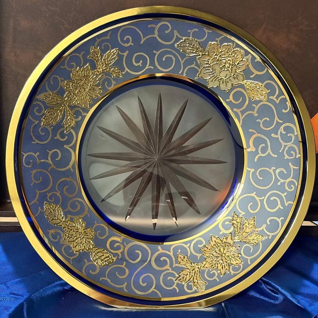 旧チェコ製 ボヘミア 鉛クリスタル 金彩 飾皿 24.5cm 箱付
