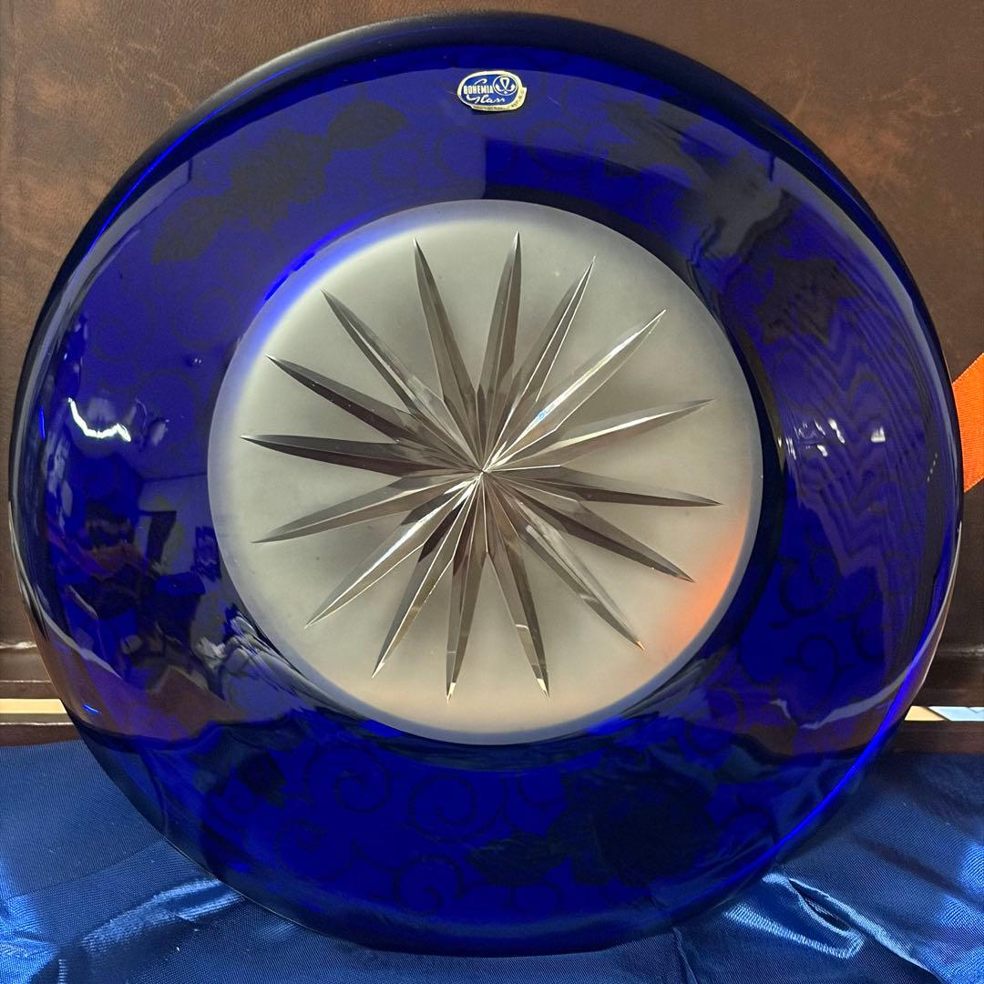 旧チェコ製 ボヘミア 鉛クリスタル 金彩 飾皿 24.5cm 箱付