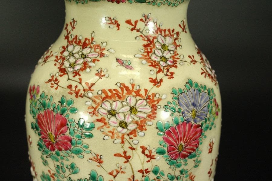 色絵 草花紋 花瓶 明治 京 薩摩 高21.6cm(LC503)