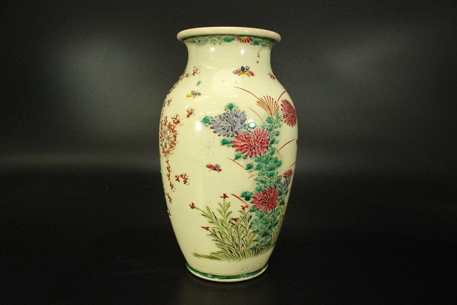 色絵 草花紋 花瓶 明治 京 薩摩 高21.6cm(LC503)