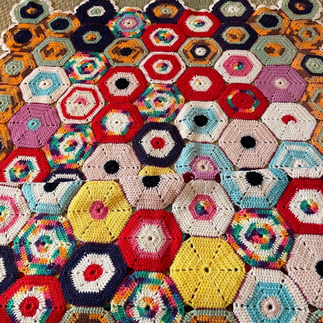 レア！60s〜70sアメリカアンティーク　多彩色ニットラグ　USAヴィンテージ