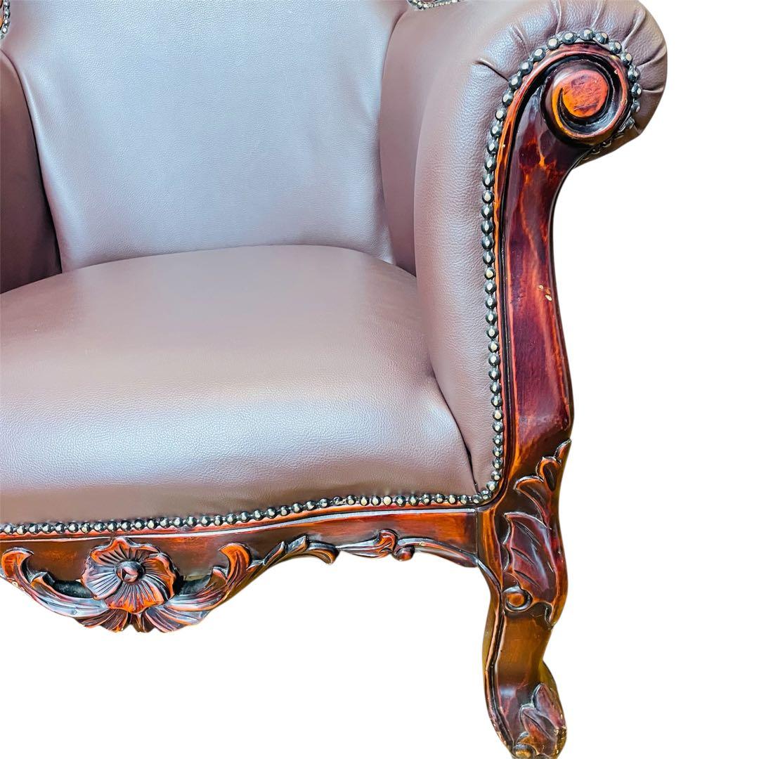 高級 アームチェア ソファ クラシック ヨーロピアン 1人掛け 鋲打ち 彫刻 革