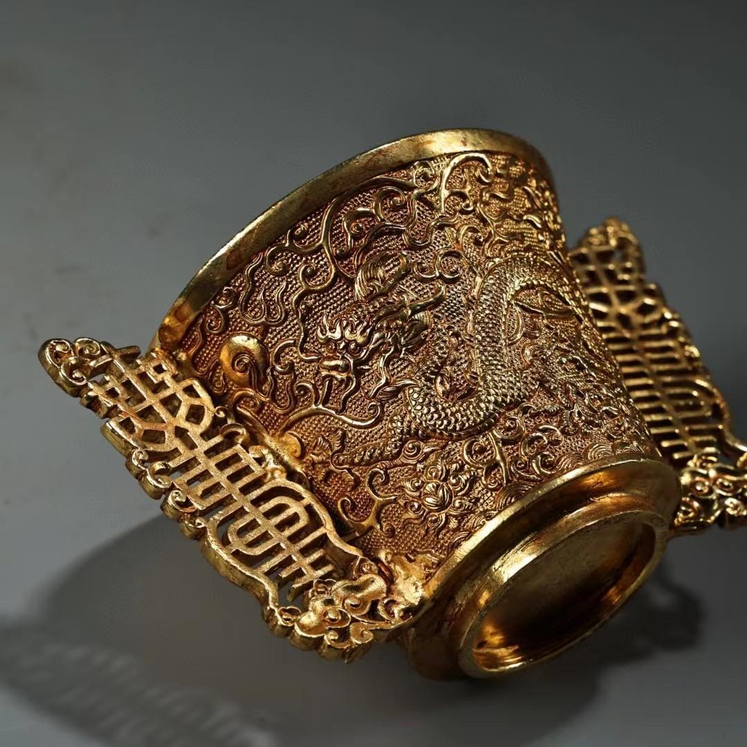 中国古美術・旧蔵収鎏金龍酒具・純銅细密彫・純手作り・高浮彫・置物・酒器・茶道具