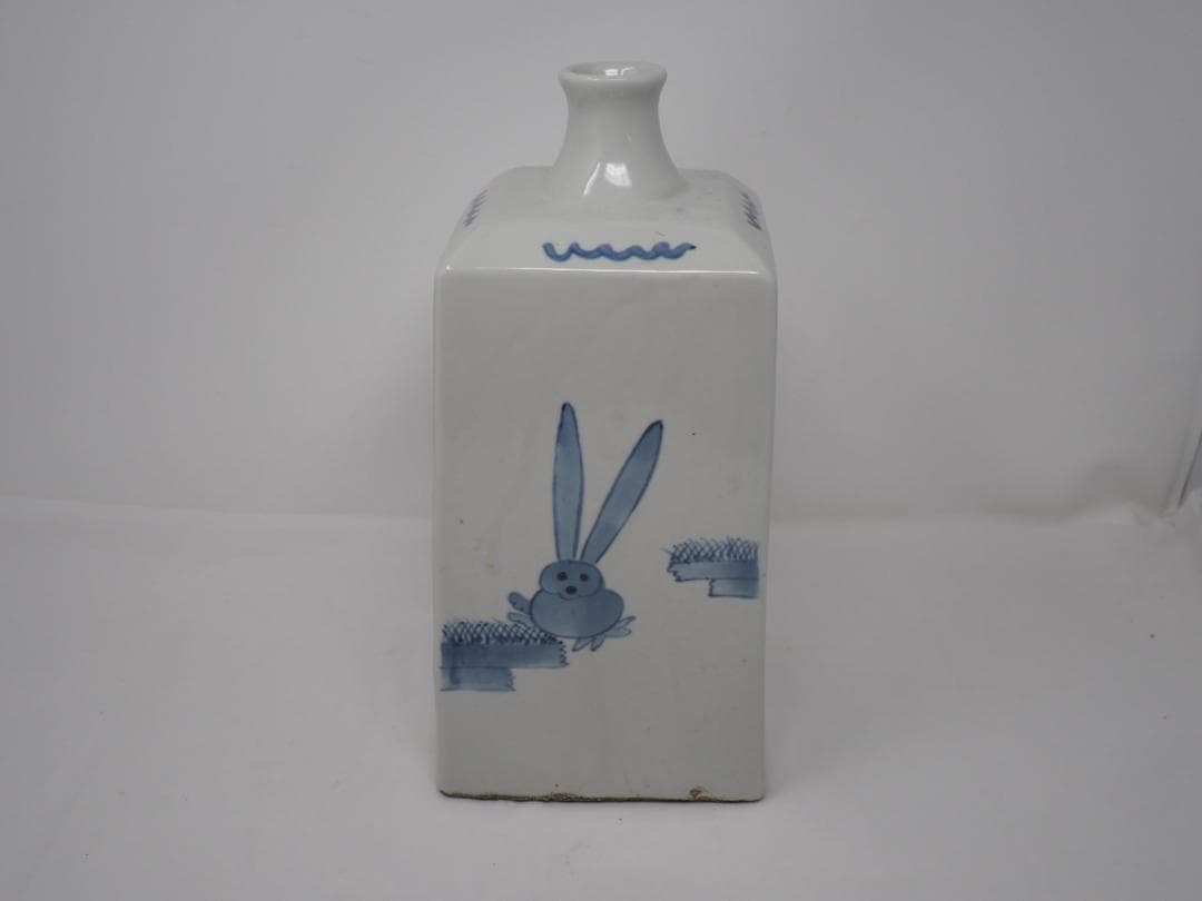 染付兎文白磁徳利　角瓶　李朝　ウサギ　漢詩　-SO
