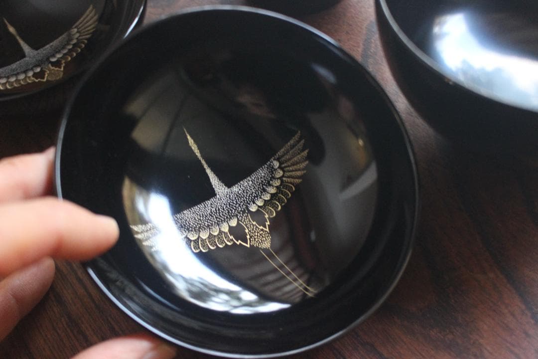 デッドストック！上質黒漆に極上鶴沈金の映えるお椀2点（検輪島塗沈金椀雑煮椀